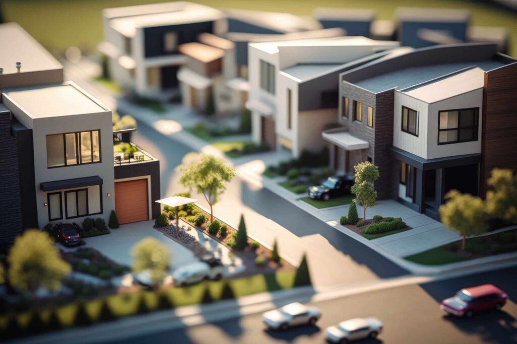 A rendering of modern housing with a tilt-shifted effect